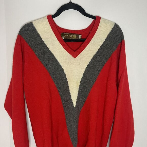 Lyle & Scott Sweater Men Size 42 Red V Neck Pullover Color Block Super Lambswool - Picture 5 of 10